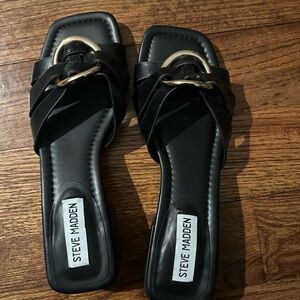 Steve Madden Black Slide Sandals with Gold Ring Detail